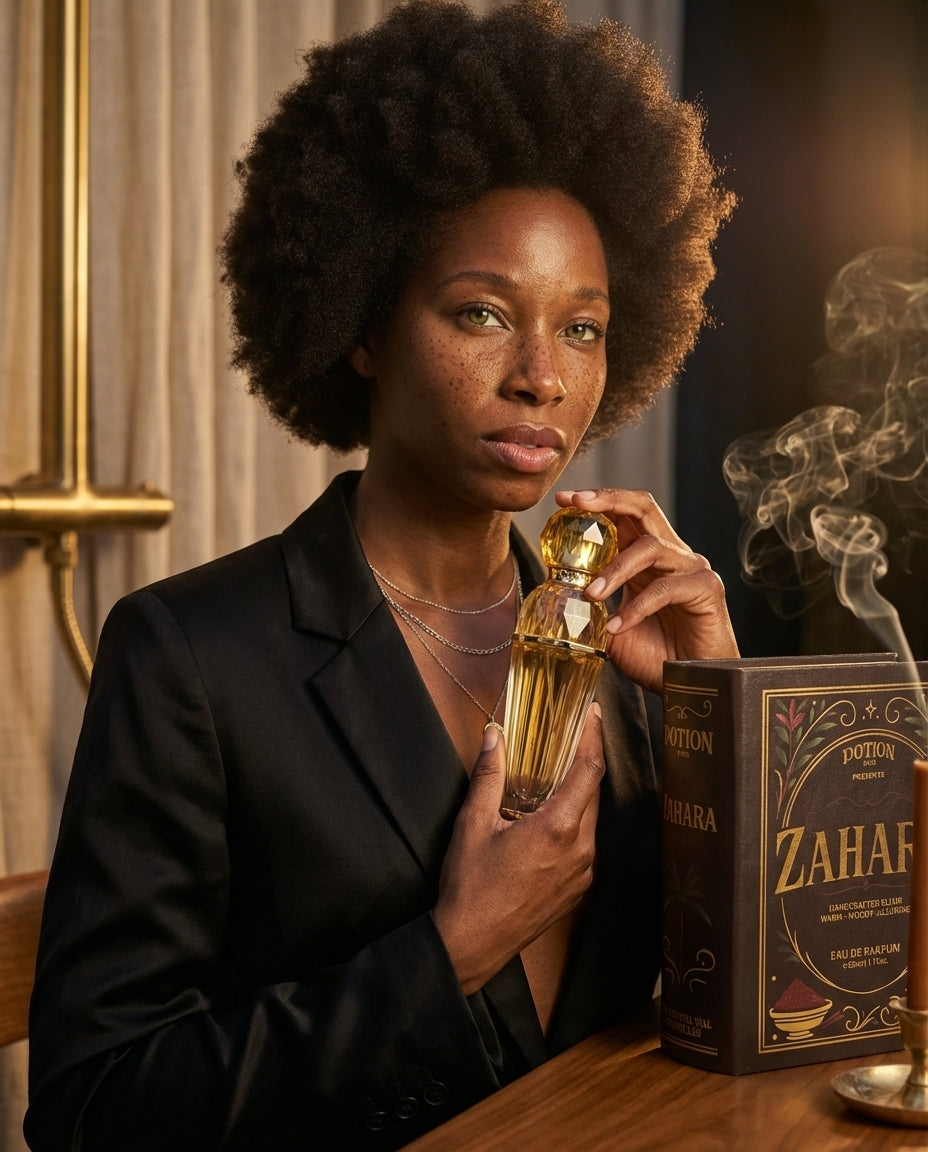 A woman cradling a Potion Paris crystal vial in warm golden light — the art of fragrance as self-care ritual