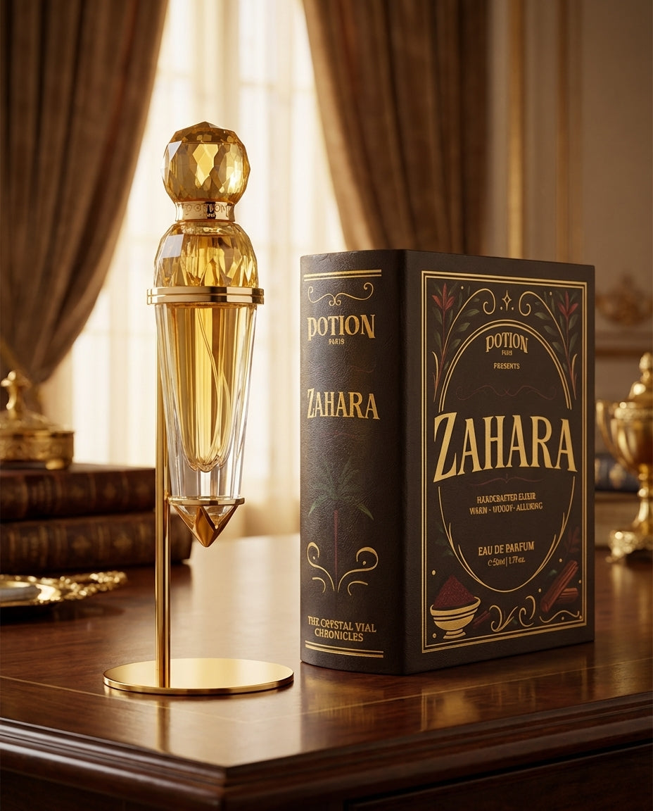 Luxury refillable Crystal Vial perfume bottle by Potion Paris on an elegant vanity