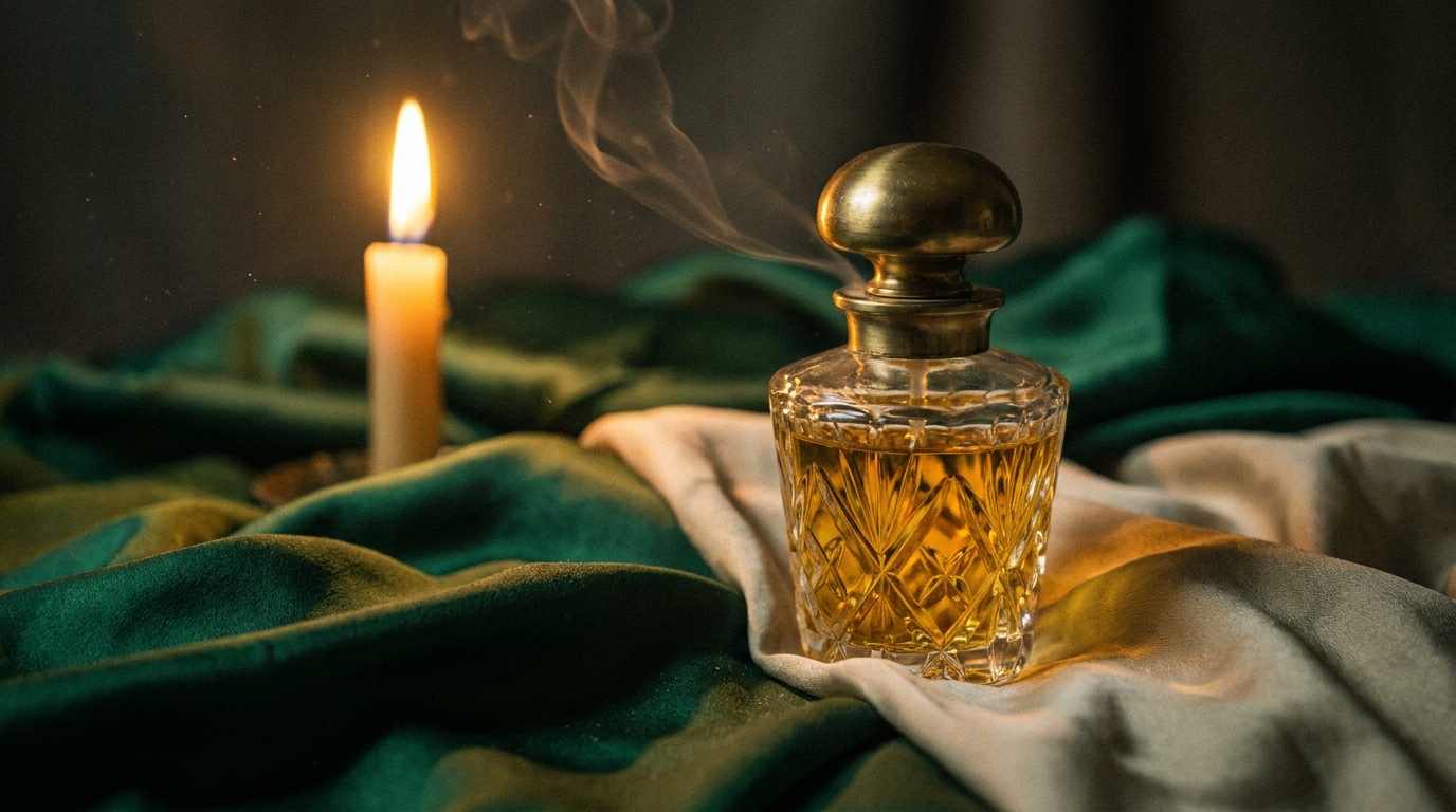 A crystal Potion Paris fragrance vial on draped silk by candlelight, scent rising