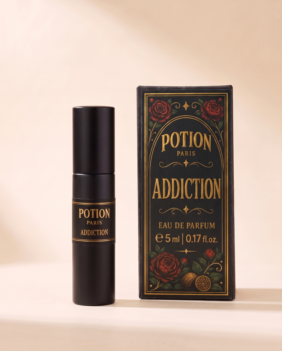 Addiction five millilitre atomiser beside its carton.