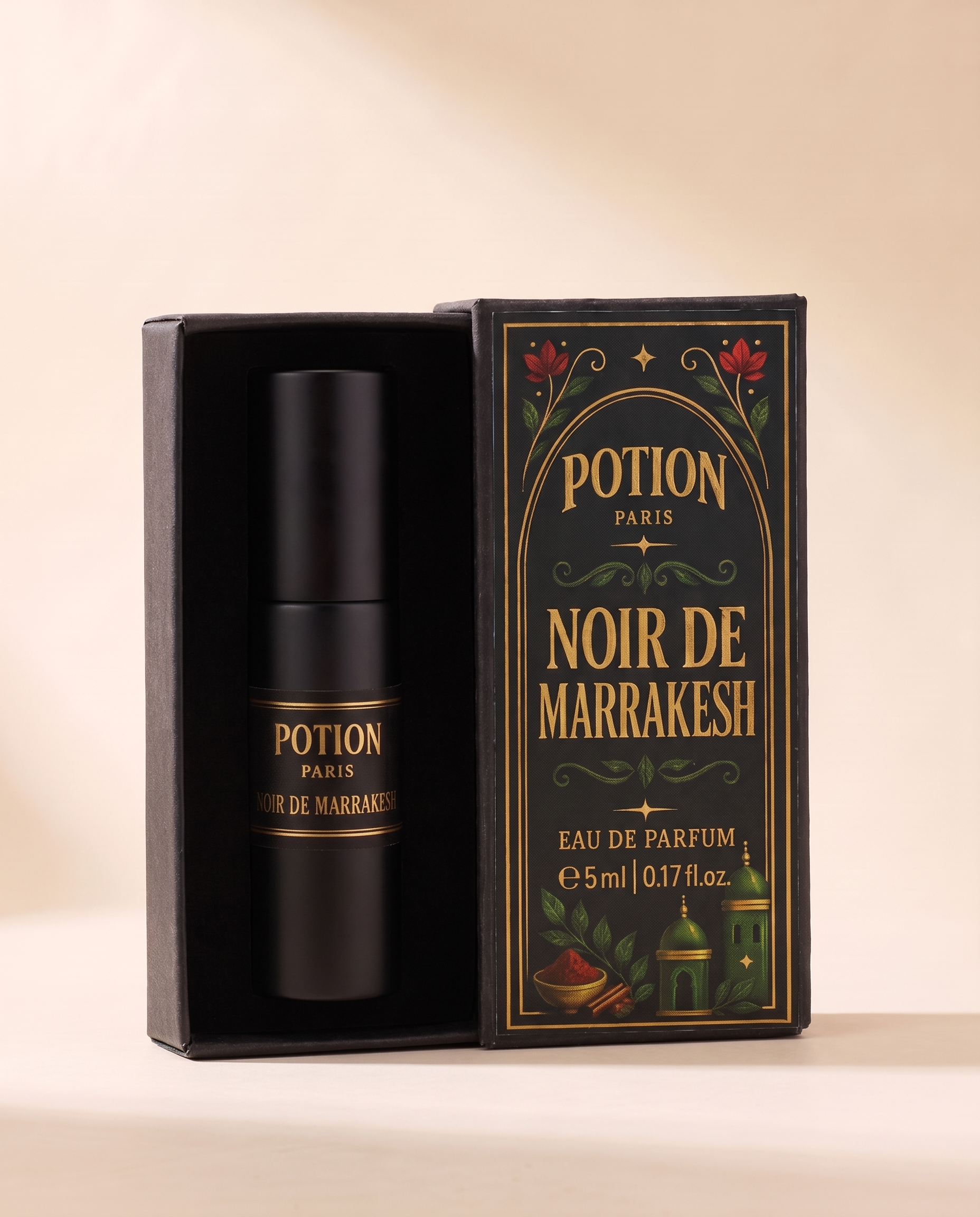 The Noir de Marrakesh atomiser in its open carton.