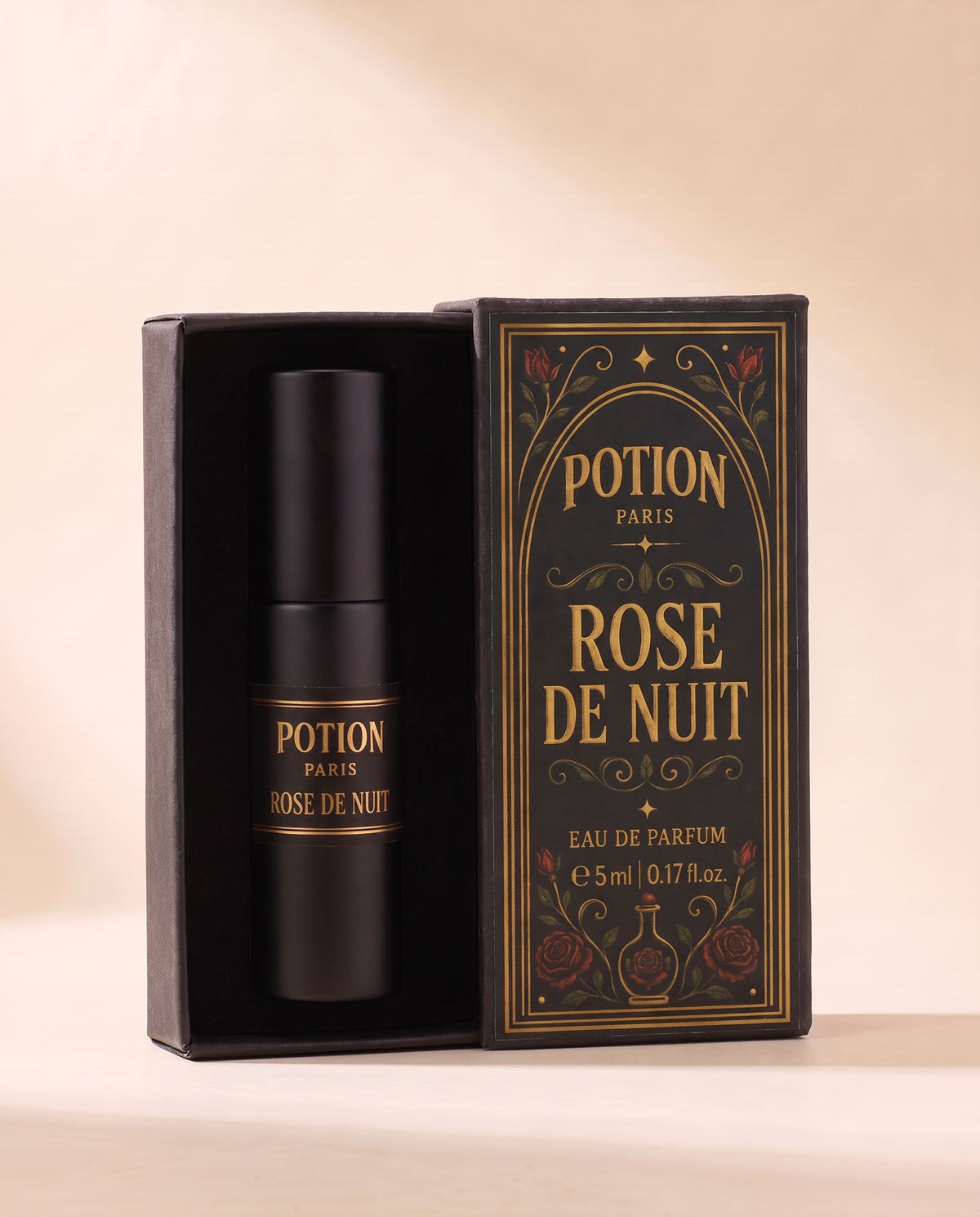 The Rose de Nuit atomiser in its open carton.