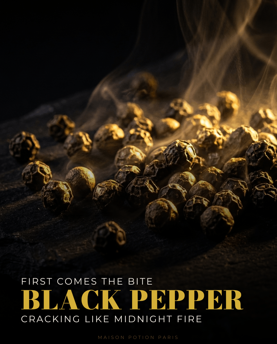 Macro editorial shot of black peppercorns for Noir de Marrakesh, representing traceable natural ingredients in Potion Paris eco-friendly perfume