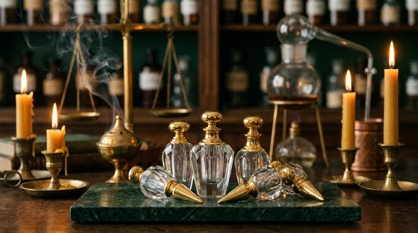 A collection of faceted crystal Potion Paris vials with gold caps in a candlelit apothecary