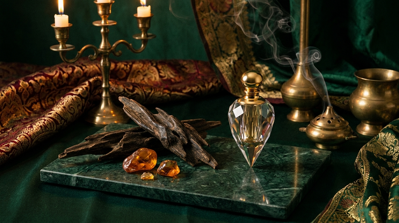 Agarwood oud, amber resin and a crystal Potion Paris vial in a candlelit oriental setting