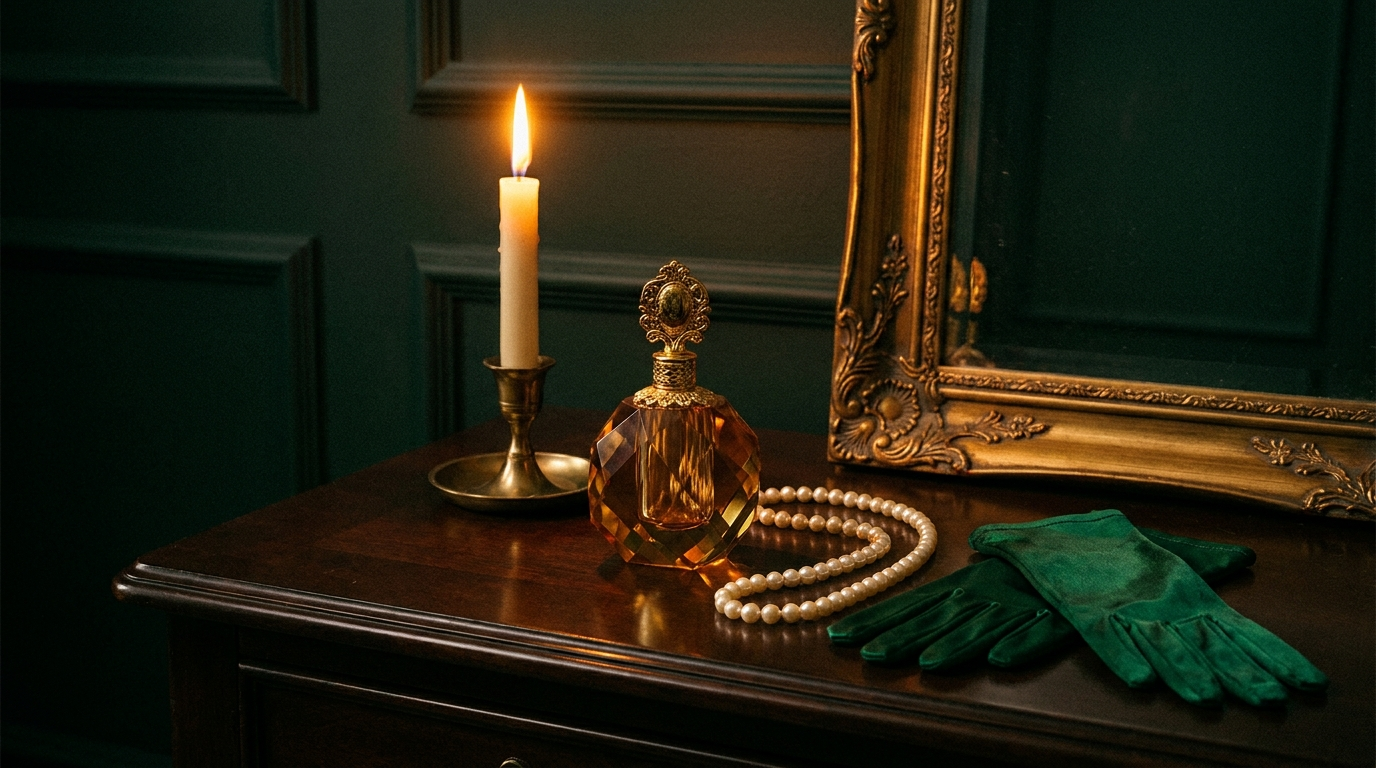 A crystal Potion Paris vial on a candlelit vanity with pearls and emerald gloves
