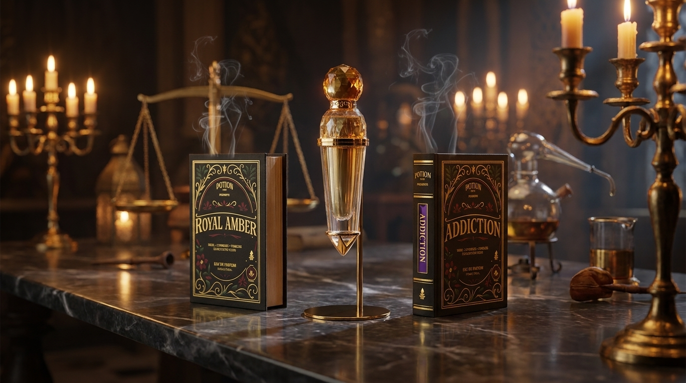 A Potion Paris Crystal Vial in gold and glass, in a candlelit atelier
