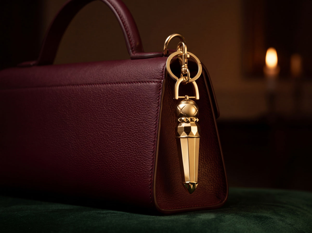 The Potion Pendant as a bag charm, in 24k gold plate, on a burgundy leather bag