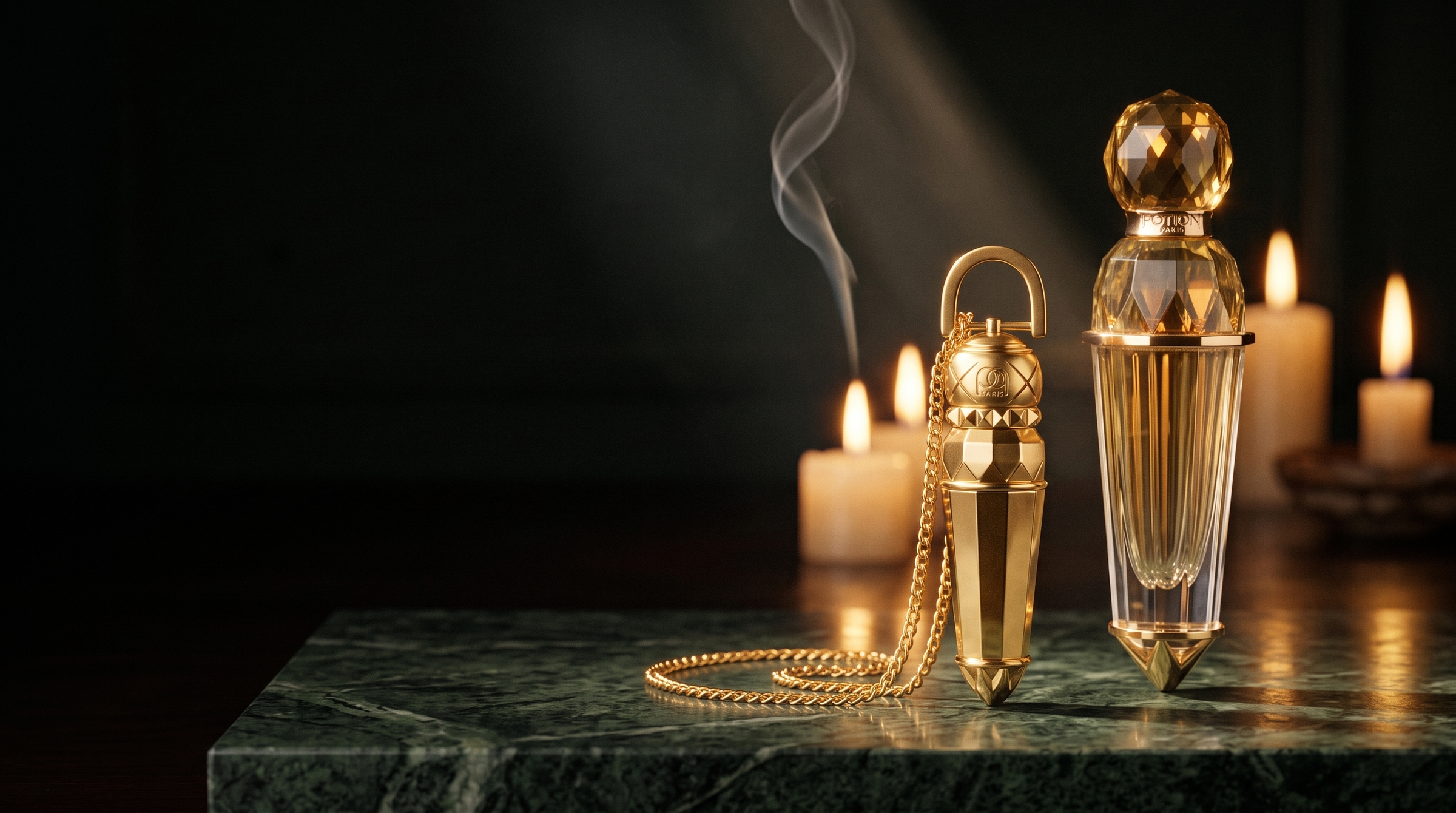The Potion Pendant — pendant, chain and vial on green marble
