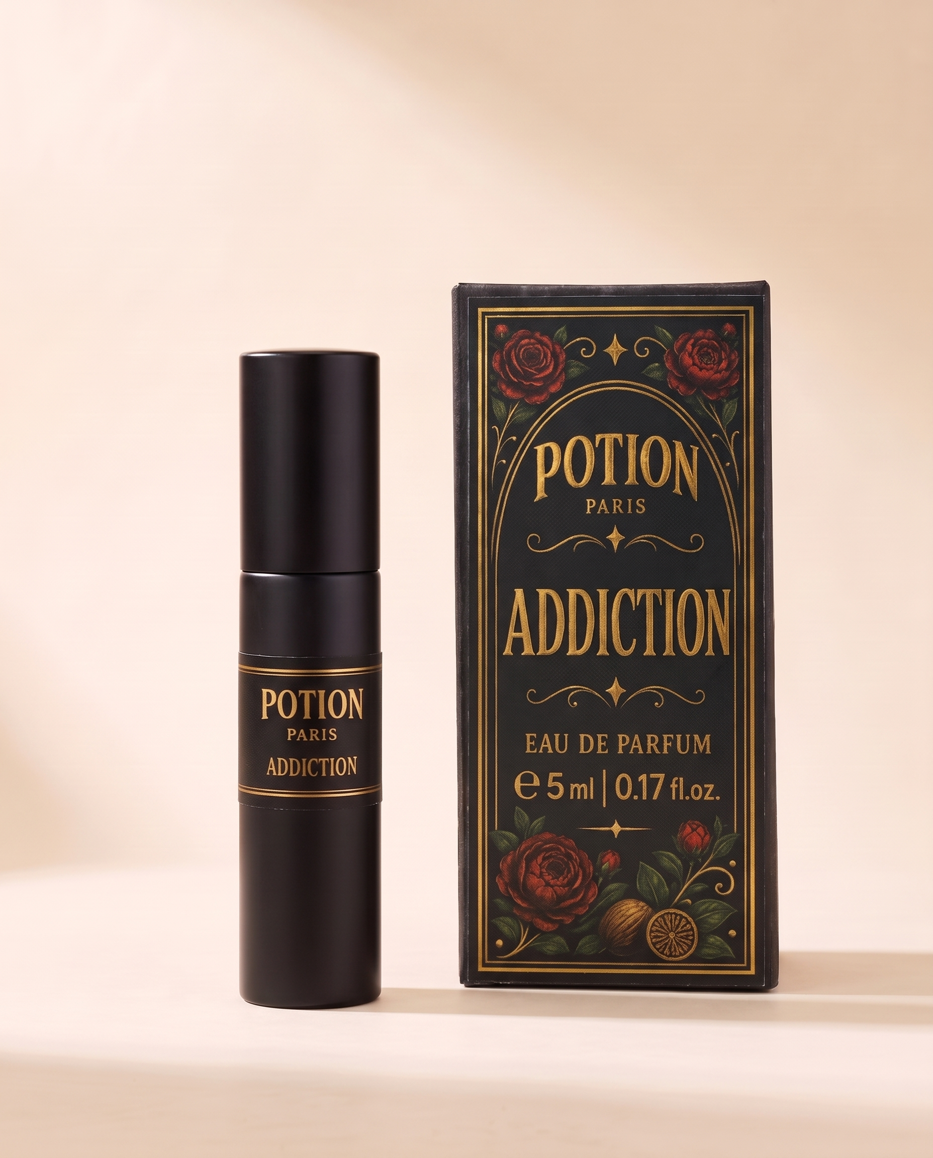 Addiction five millilitre atomiser beside its carton.