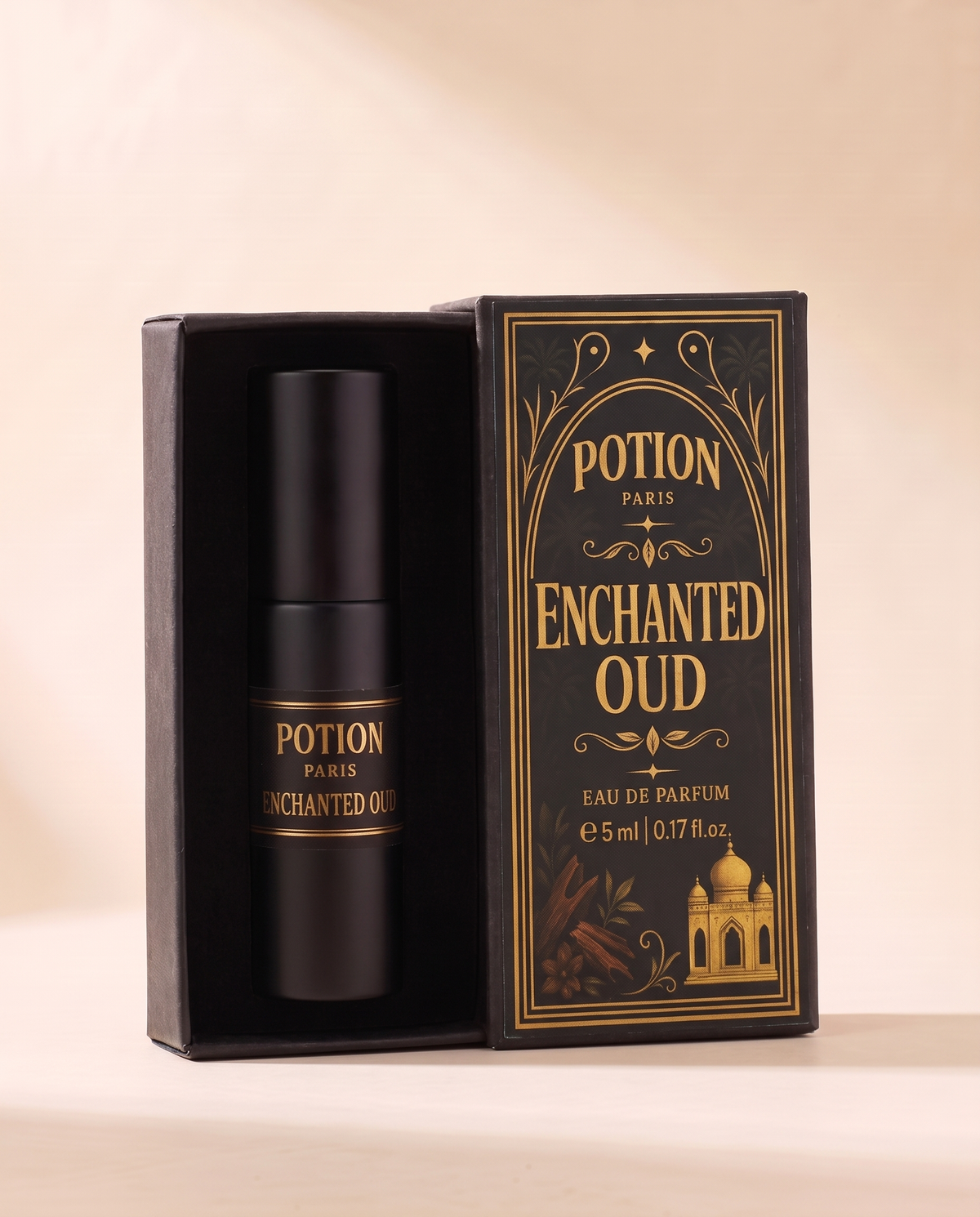 The Enchanted Oud atomiser in its open carton.