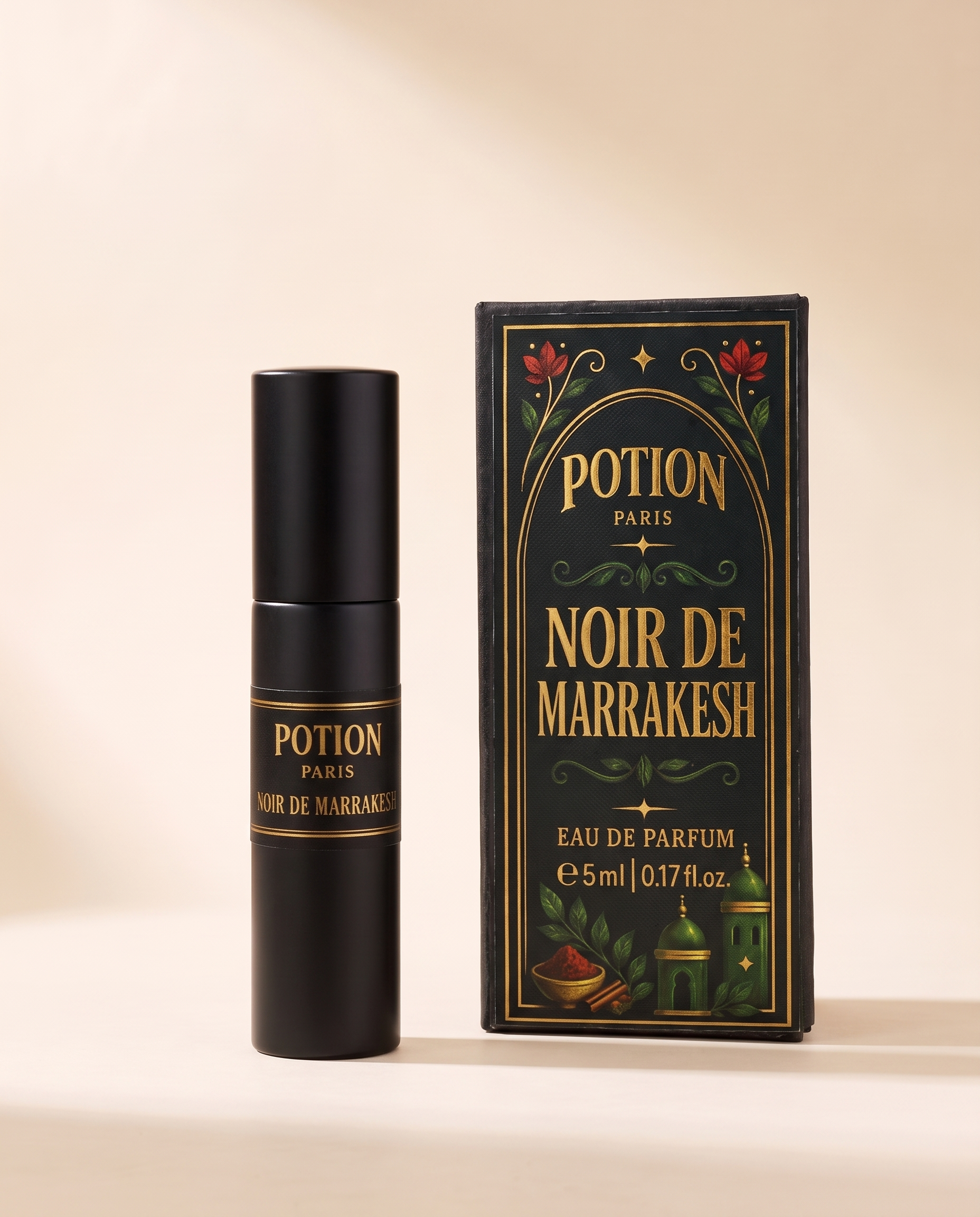 Noir de Marrakesh five millilitre atomiser beside its carton.