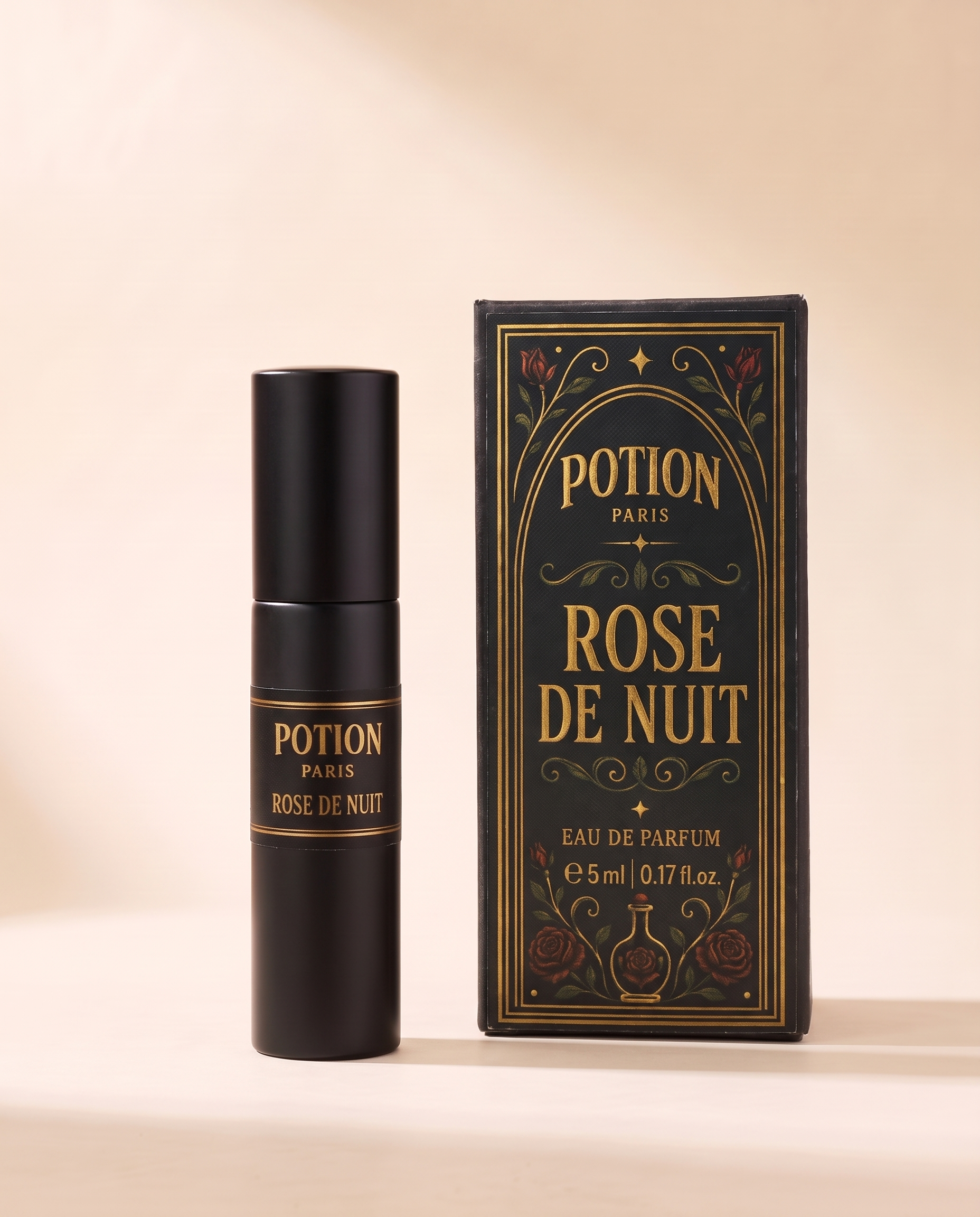 Rose de Nuit five millilitre atomiser beside its carton.