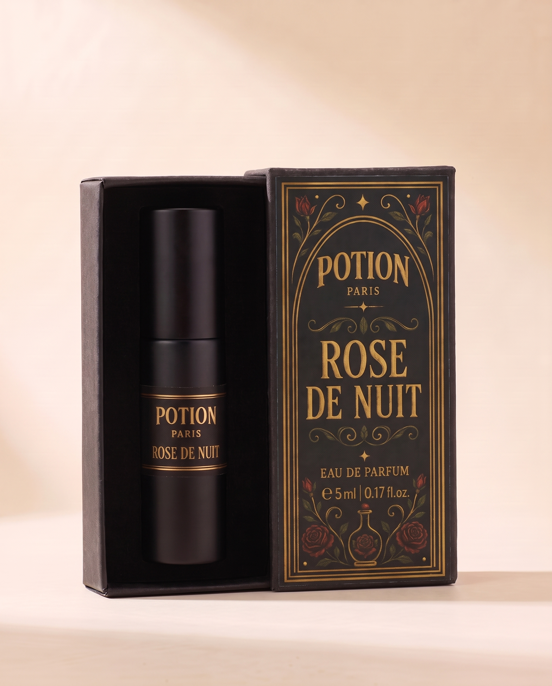 The Rose de Nuit atomiser in its open carton.