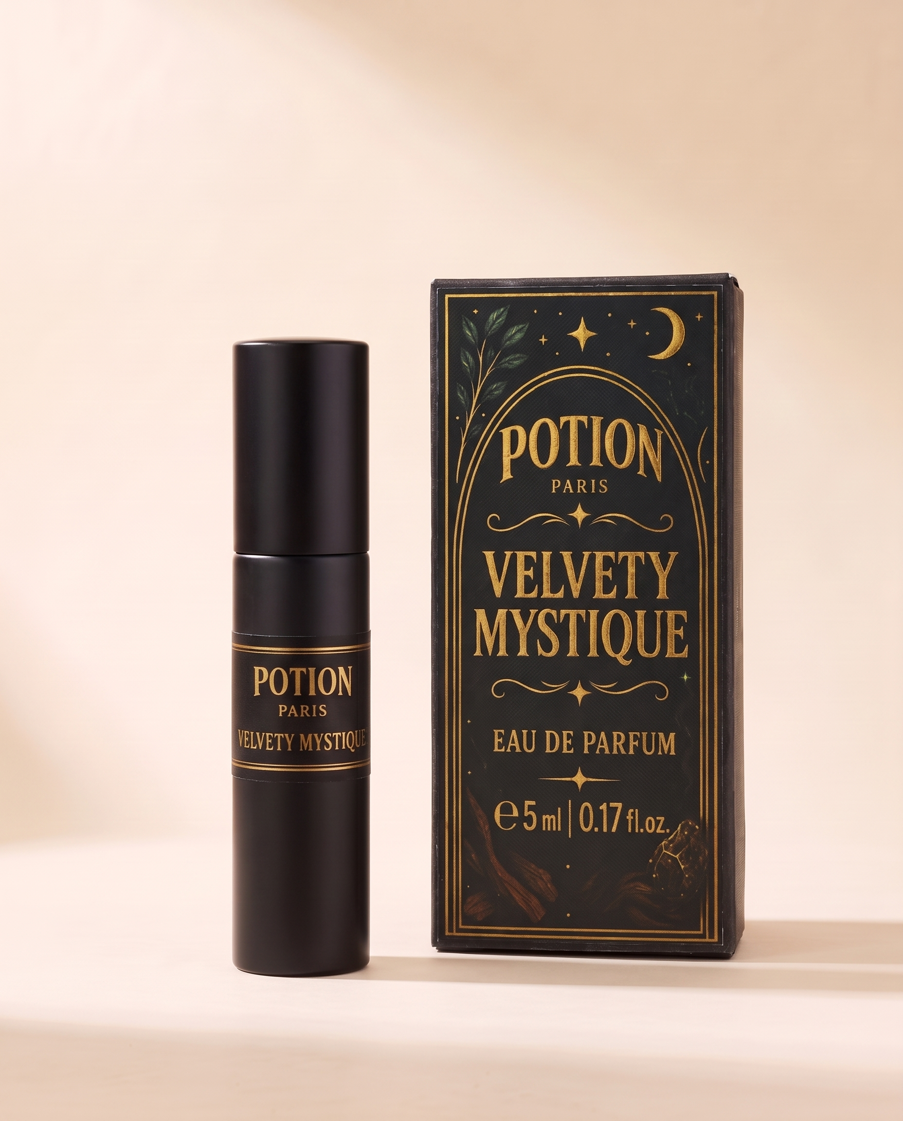 Velvety Mystique five millilitre atomiser beside its carton.